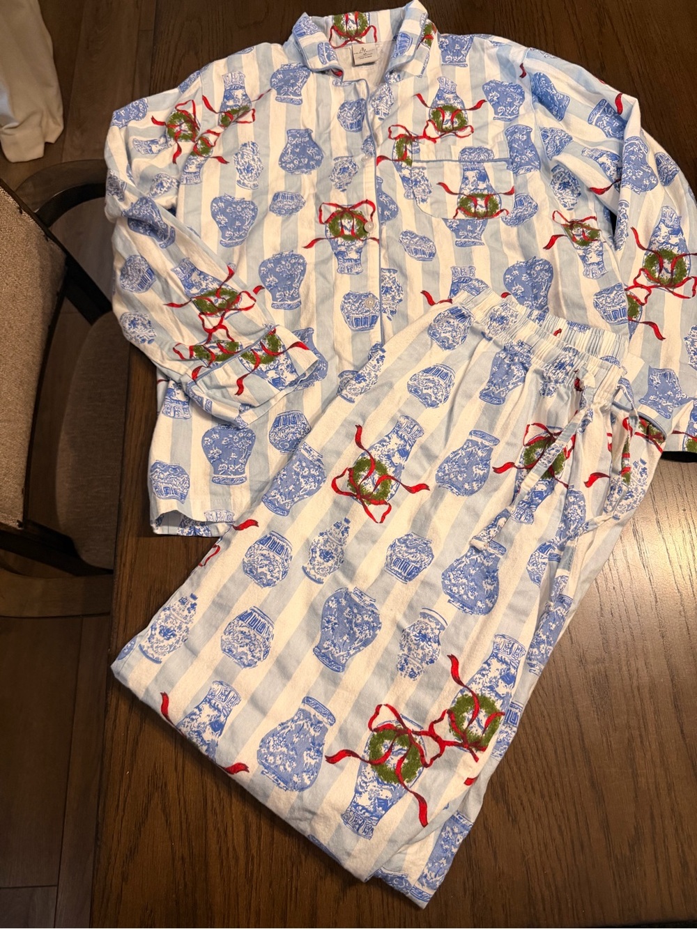 8 Oak Lane Holiday Ginger Jar Stripe Chinoiserie Womens PJs Pajamas M Rare HTF
